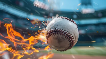 Intense action: a baseball on fire soaring through air with players , capturing thrilling energy and excitement of baseball, with a dramatic fiery image that emphasises dynamic nature of the sport.