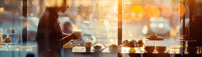 Cafe ambiance focus on, copy space, sophisticated setting, double exposure silhouette with dessert selection