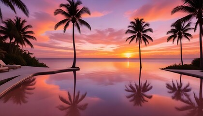 Fototapeta premium Serenity at sunset: An infinity pool blending into the ocean, framed by swaying palm trees, with the sky painted in shades of orange and pink.