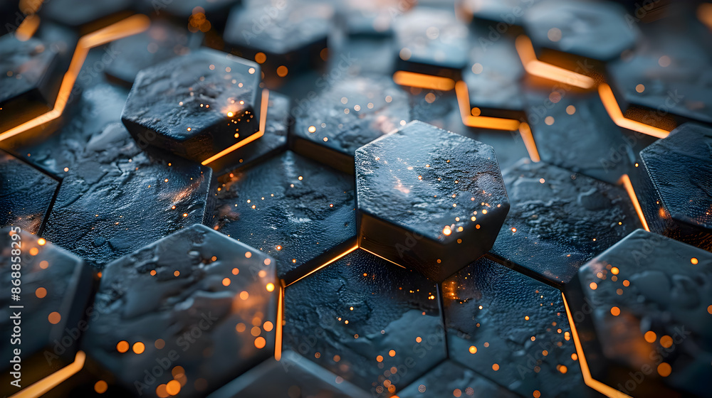 Poster metallic black hexagon mosaic backdrop with vibrant luminous highlights and dynamic abstract symmetr