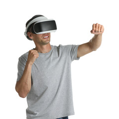 Naklejka premium Smiling man using virtual reality headset on white background