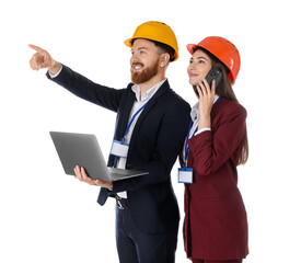 Engineer holding laptop while his colleague talking on smartphone against white background