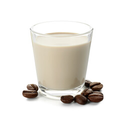 Glass of coffee cream liqueur and beans isolated on white