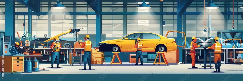 Poster a busy body shop with workers welding and assembling car bodies. generative ai