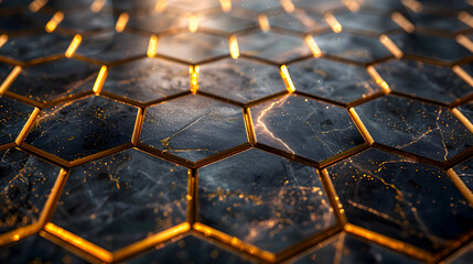 Shimmering Onyx Hexagonal Tiles with Lustrous Golden Accents in Hypnotic Minimalist Scene
