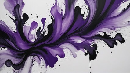 Fototapeta premium Abstract brush strokes and swirls of black and purple on a white background, with black and purple paint on the walls