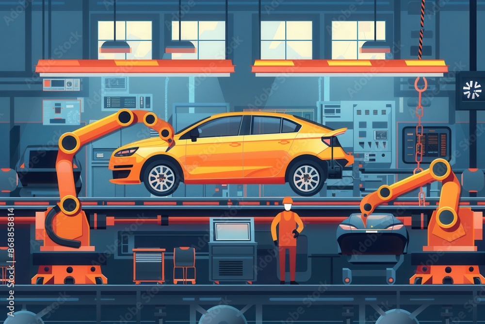 Poster modern automotive assembly line with workers and robots building cars, showcasing dynamic and indust