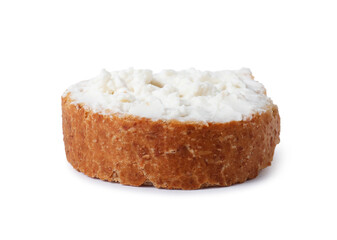 Delicious fresh ricotta (cream cheese) on piece of bread isolated on white