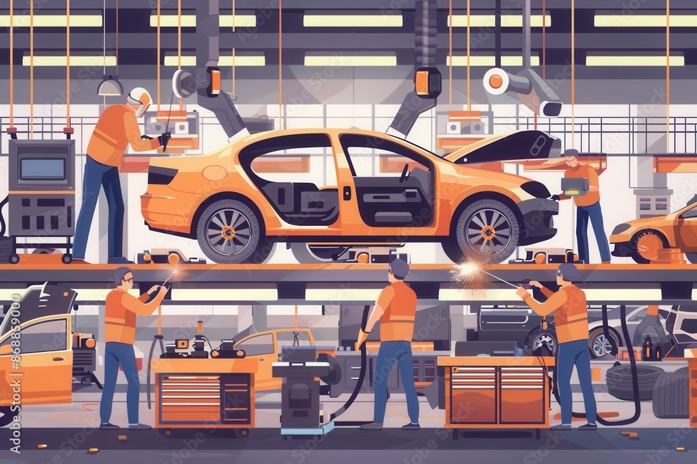 Aufkleber a busy automotive factory scene with workers welding and assembling car bodies. generative ai