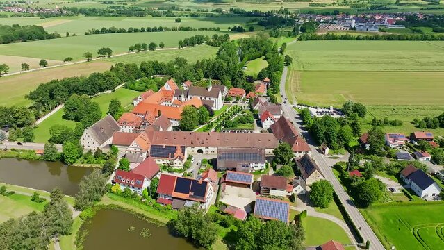 Aerial view of the village of Heiligkreuztal with the cathedral and the former Cistercian nunnery, district of Biberach, Upper Swabia, Baden-W&uuml;rttemberg, Germany, Europe