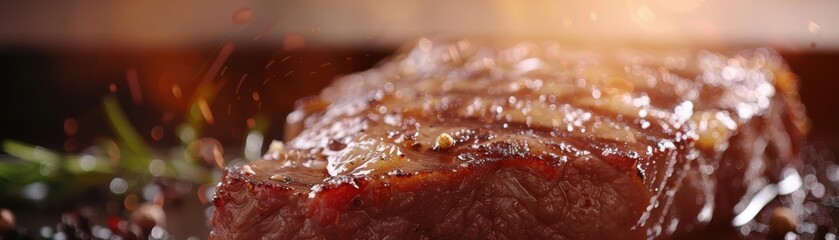 Steak close up, focus on, copy space, juicy sear, double exposure silhouette with open flame