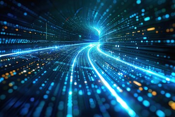 A blue and orange lighted tunnel with a white light in the middle