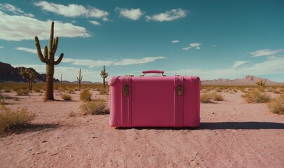 Pink suitcase in a desert setting with cacti and blue sky.