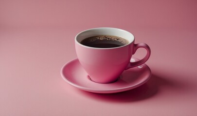 Pink coffee cup on matching pink background, elevated view