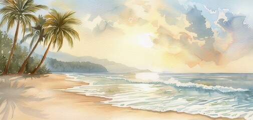 Watercolor serene beach with palm trees at sunset