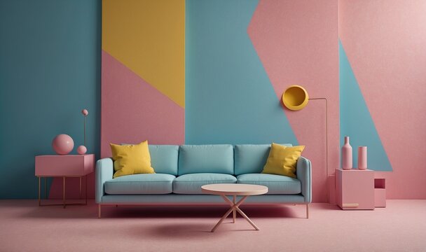 Modern blue and pink living room with stylish furniture