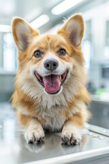 A cheerful pet groomer carefully trimming a fluffy dog's fur in a well-equipped grooming salon