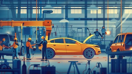 Fototapeta premium An illustration depicting a bustling automotive body shop where workers are welding and assembling car parts. Generative AI