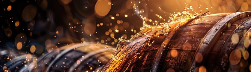 Barrel aging focus on, copy space, deep tones, double exposure silhouette with whiskey splash