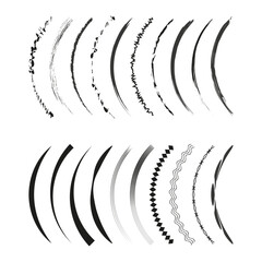 Curved line patterns. Decorative arc shapes. Various black designs. Vector illustration.