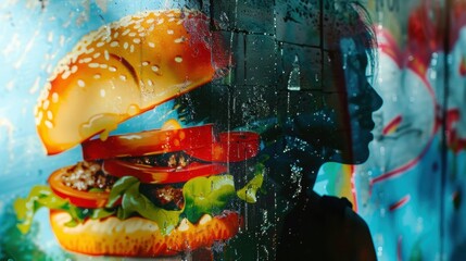 Graffiti wall focus on, copy space, vibrant colors, double exposure silhouette with burger...