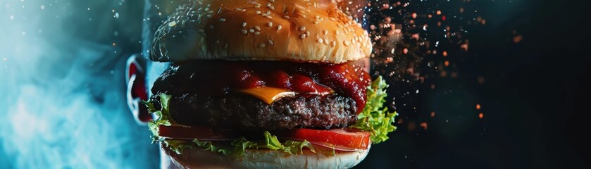 Burger close up, focus on, copy space, juicy layers, double exposure silhouette with urban graffiti