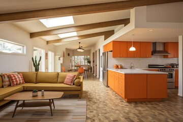 A bright, fashionable interior of a country house with orange accents in the form of a sofa, kitchen, table. Sunny, kitchen living room, wooden beams on the ceiling.