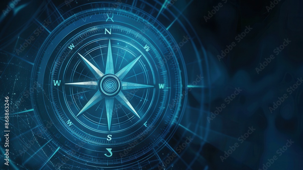 Poster a simple and symbolic image of a compass with clear lines on a dark blue background, ideal for navig