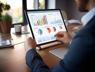 Financial data document, graph chart report statistic, marketing research development planning management, strategy analysis accounting, Financial business technology hologram concept. 