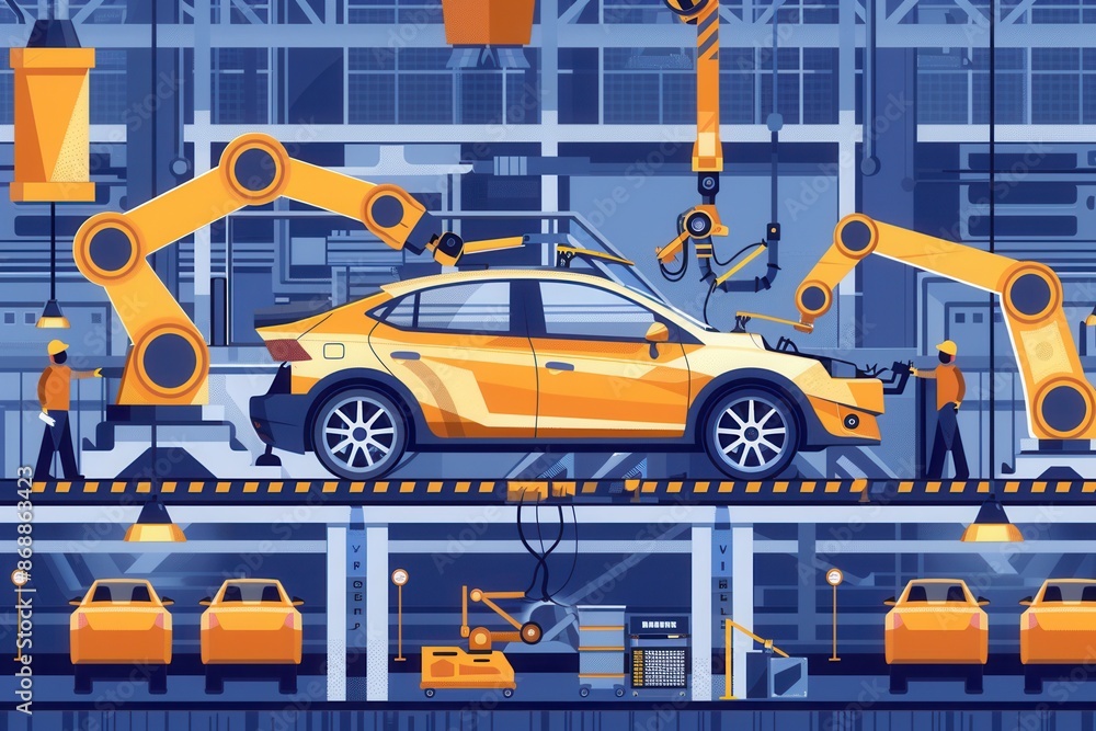 Aufkleber a robotic assembly line with workers building a yellow car in a modern factory. showcases cutting-ed