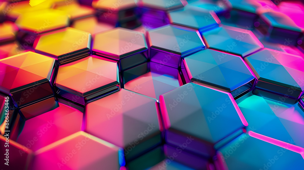 Poster vibrant geometric hexagon abstract background with shimmering iridescent color palette