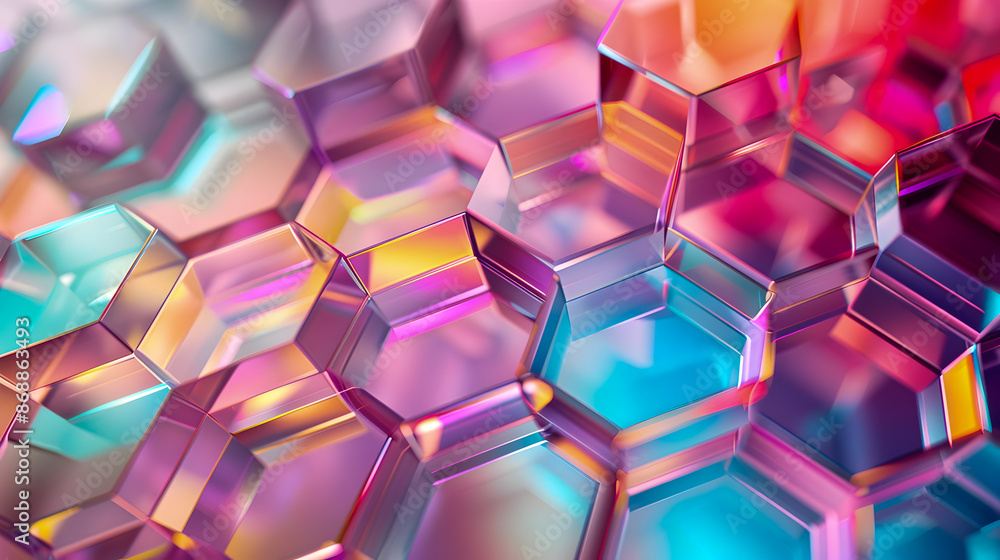 Poster vibrant hexagonal abstract geometry with shimmering iridescent color palette