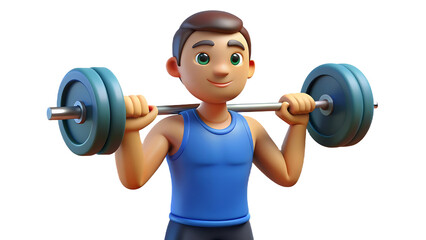 Obraz premium Generative ai. 3D cartoon man lifting weights, athletic figure, blue tank top, black shorts, isolated white background, cheerful expression, fitness training, bright colors, high detail
