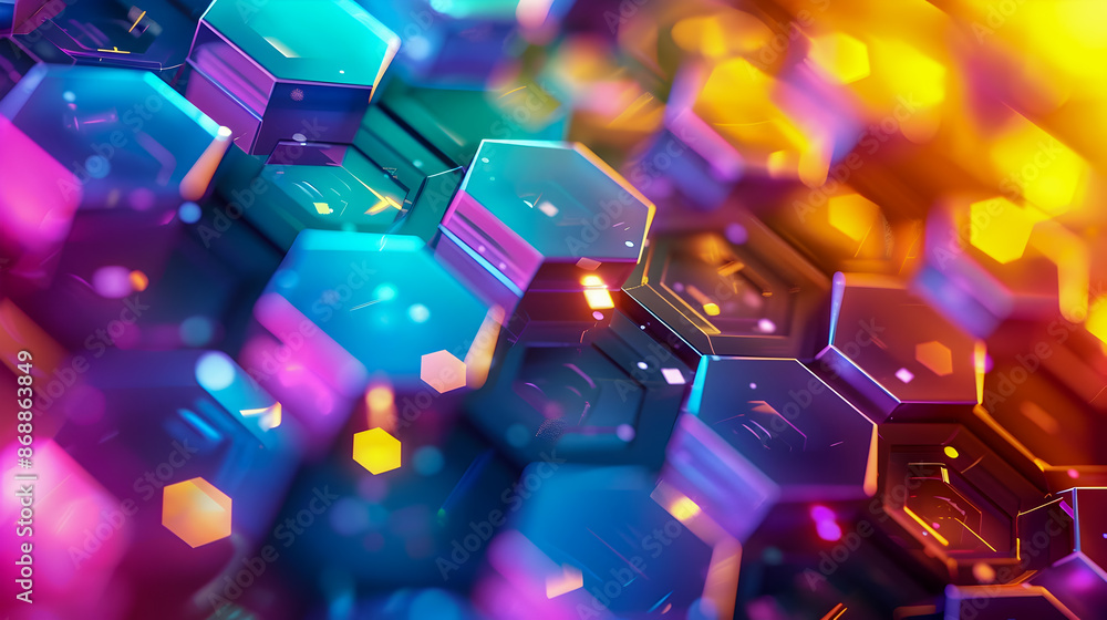 Poster vibrant geometric hexagon abstract with shimmering iridescent shapes and luminous color palette