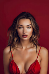Fototapeta premium Elegant Woman in Red Dress with Captivating Gaze