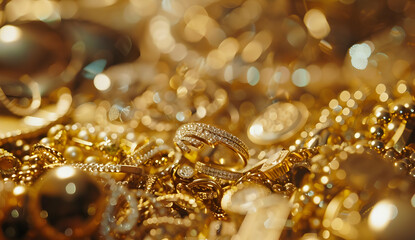 A close-up view of various gold jewelry pieces, including rings, necklaces, and earrings, creating a luxurious and opulent visual display.