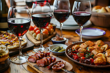 A cozy setting featuring four glasses of red wine accompanied by a variety of delicious appetizers and meals on a rustic wooden table.