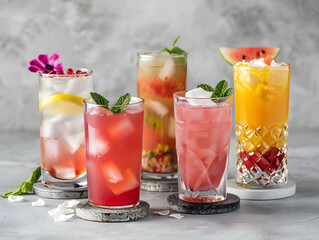 A colorful array of refreshing cocktails garnished with fresh fruits and herbs, perfect for a summer gathering or party.