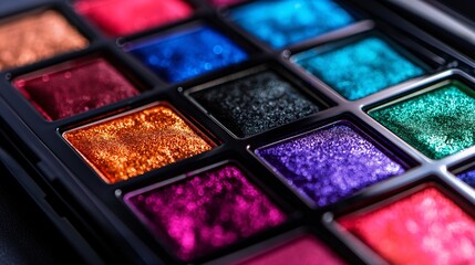 A colorful eyeshadow palette on a black background.