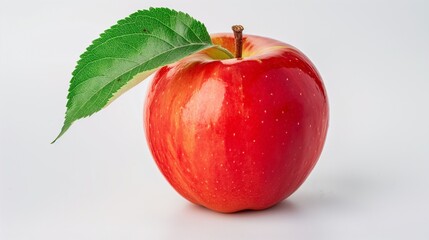 A crisp red apple with a leaf