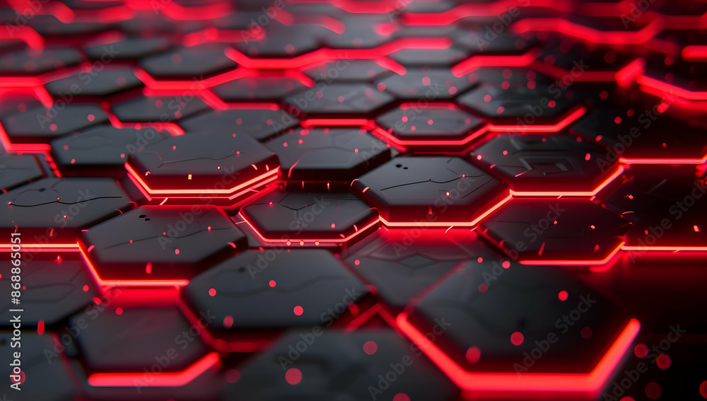 Poster abstract black hexagonal pattern with bright red highlights, creating a futuristic and high-tech dig