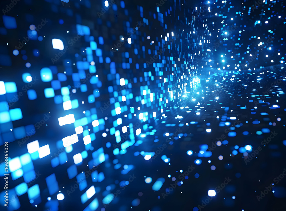 Poster abstract blue digital background with glowing particles and pixelated light effects, creating a futu