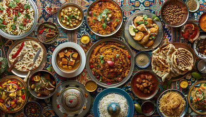 A vibrant spread of traditional Indian dishes showcasing a variety of colorful and flavorful cuisine, ideal for highlighting Indian culinary diversity.