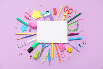 School supplies with sheet of paper, calculator and pencils on lilac background. Top view
