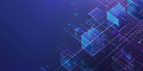 Abstract blockchain technology background with interconnected digital blocks on a blue gradient. Futuristic and high-tech visual concept.