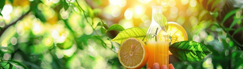 Citrus trees focus on, copy space, lush greenery, double exposure silhouette with juice bottle