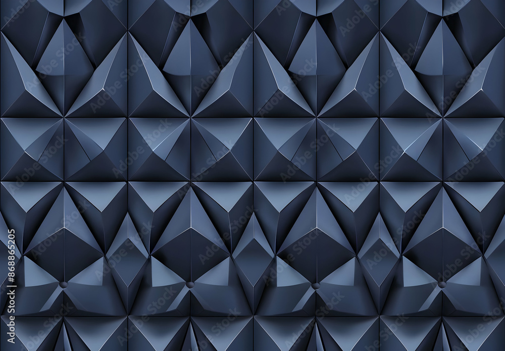 Poster abstract geometric pattern with navy blue 3d triangles and diamond shapes creating a modern, texture