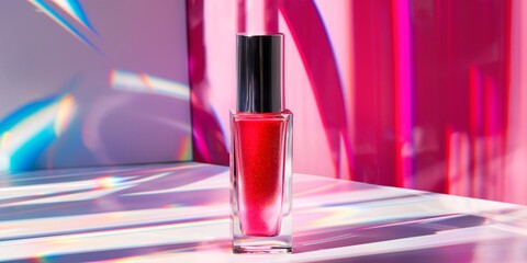 A small lip tint bottle on a graphic surface.