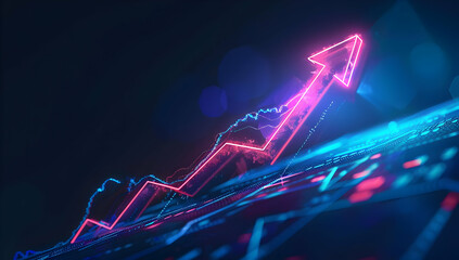Bright neon upward arrow representing growth and success in the stock market, with a digital blue background.