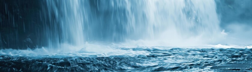 Fototapeta premium Waterfall close up, focus on, copy space, cascading flow, double exposure silhouette with ocean backdrop